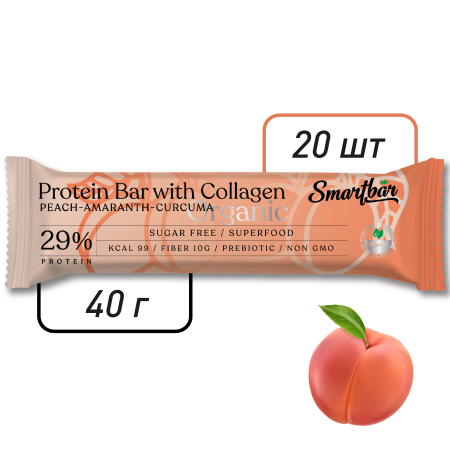 Батончик протеиновый Smartbar Protein ORGANIC "Персик, амарант и куркума", 20 шт. х 40 г.